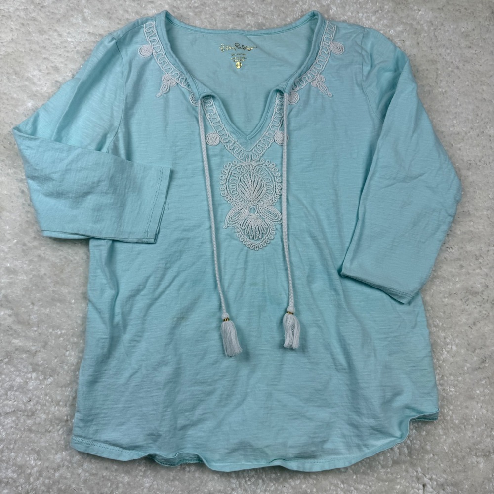 Lilly‎ Pulitzer Holly Tie Neck Top Womens M Robins Egg Blue Crochet Details Boho